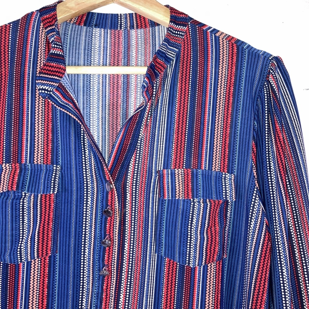 Unbranded Vintage S/M Red Blue Striped Tunic Polished Silver Buttons